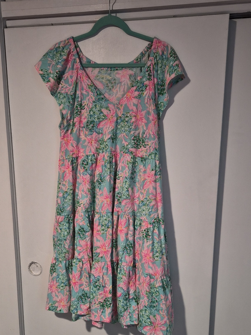 Lilly Pulitzer Floral Cotton Midi Dress Green & Pink Medium Like New